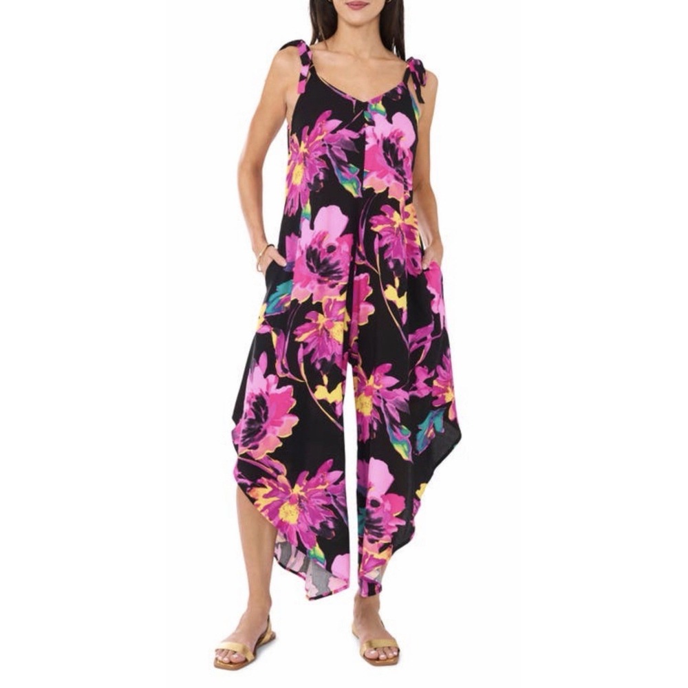 Vince Camuto Floral Wide Leg Jumpsuit Women's Medium Black Pink Rayon Tie Strap